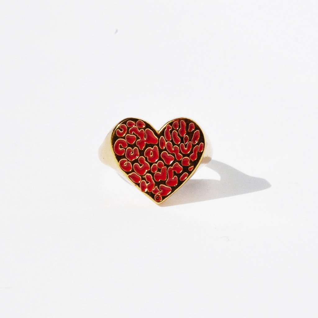 COEUR LEOPARD Bague Chevalière | Bague dorée & rouge volume L