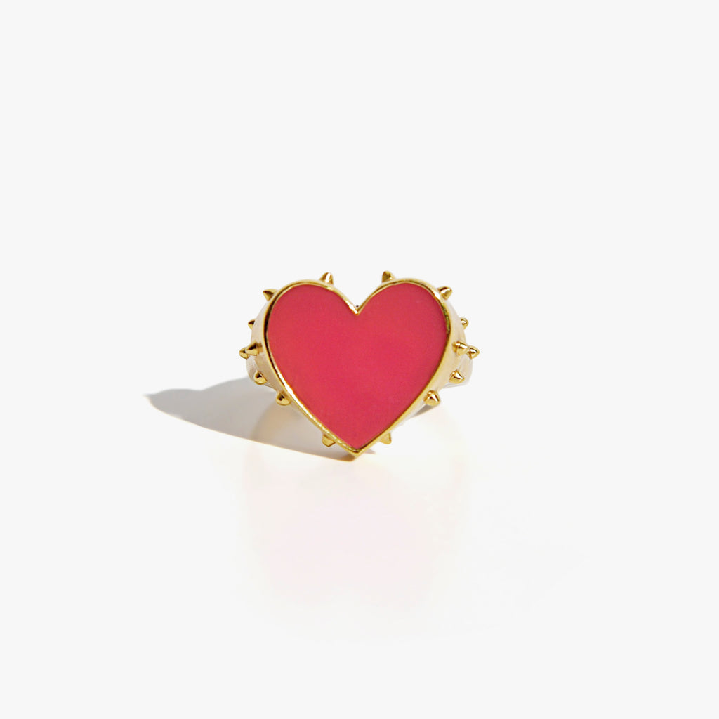 PASSIONNER Bague Chevalière | Bague coeur dorée & rose néon volume L