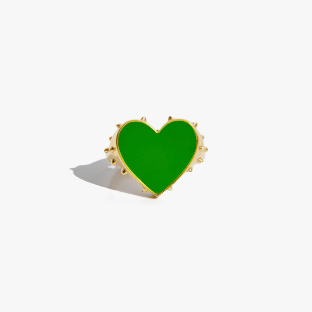 PASSIONNER Bague Chevalière | Bague coeur dorée & émail vert volume L