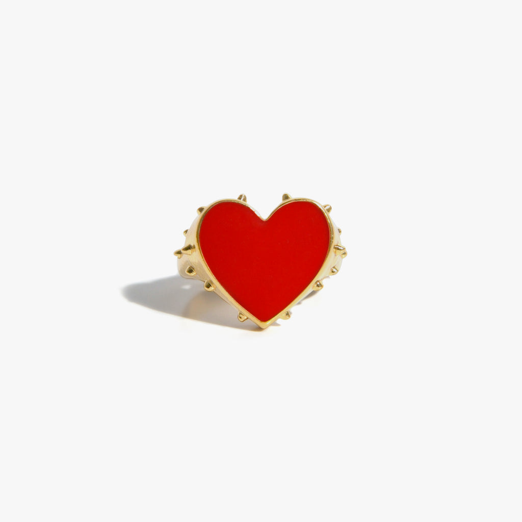 PASSIONNER Bague Chevalière | Bague coeur dorée & émail rouge volume L