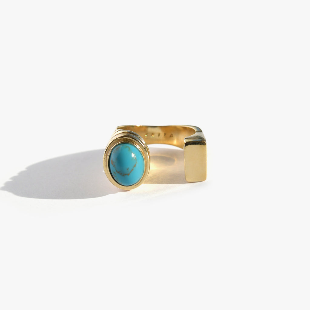 LA N°2 Bague Chevalière | Bague dorée & turquoise volume M